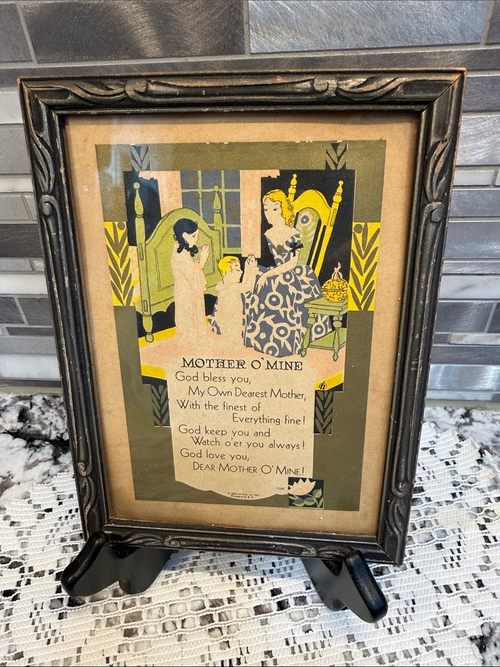 1930s Framed Vintage Mother O’Mine Poem with Olive & Yellow Illustration